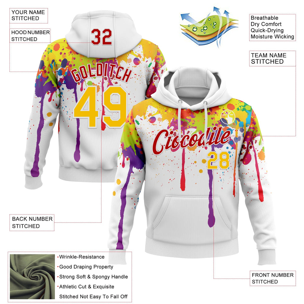 Custom Stitched White Yellow-Red Colorful Dripping Paint Splash Pullover Sweatshirt Hoodie