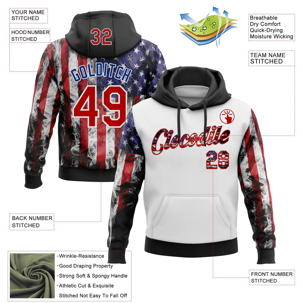 Custom Stitched White Red Black USA Flag-Royal Patriotic Pullover Sweatshirt Hoodie