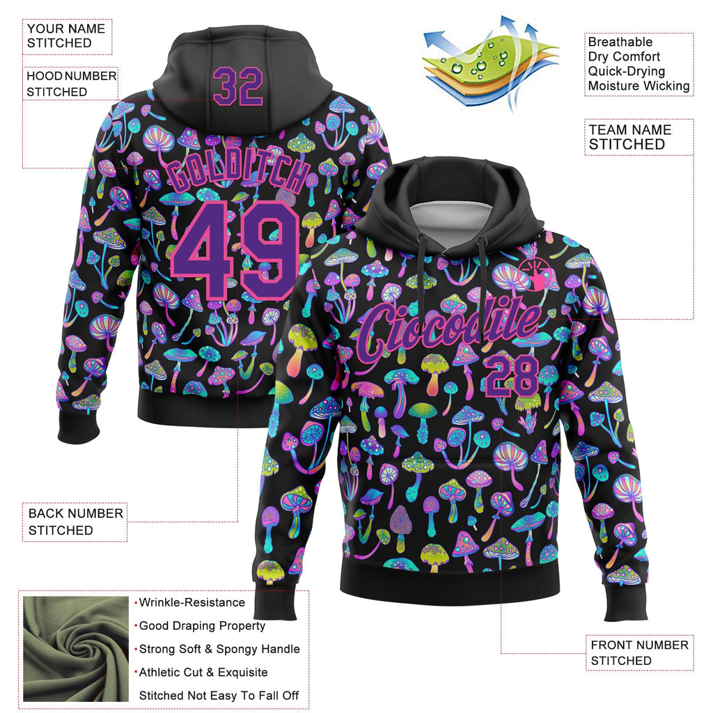 Custom Stitched Black Purple-Pink Magic Mushrooms Psychedelic Hallucination 3D Pattern Pullover Sweatshirt Hoodie