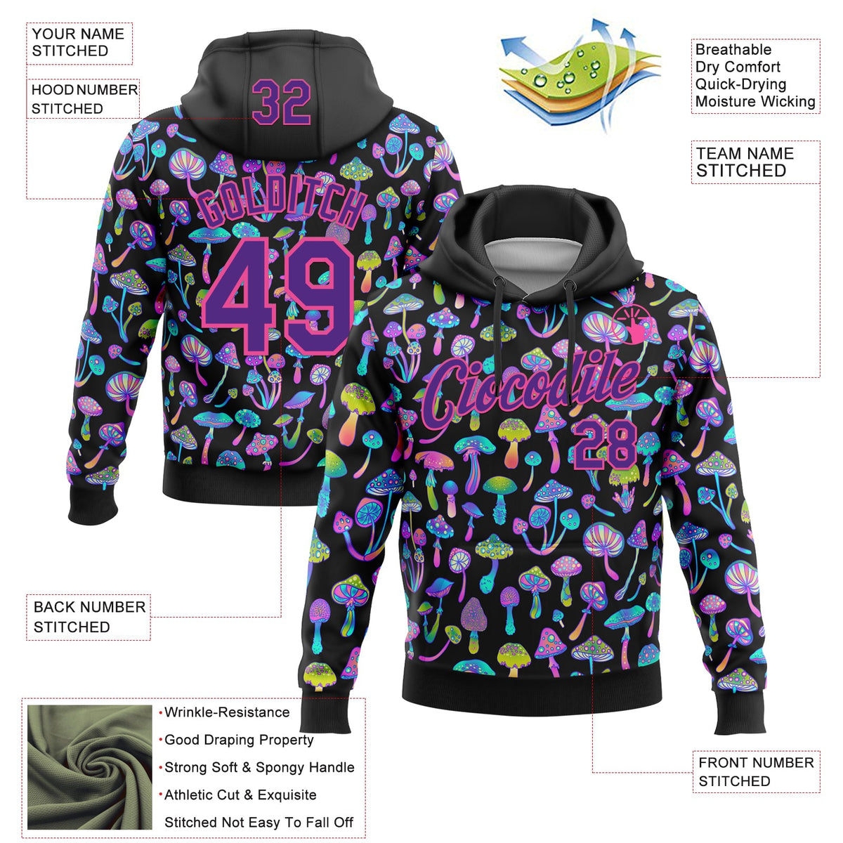 Custom Stitched Black Purple-Pink Magic Mushrooms Psychedelic Hallucination 3D Pattern Pullover Sweatshirt Hoodie