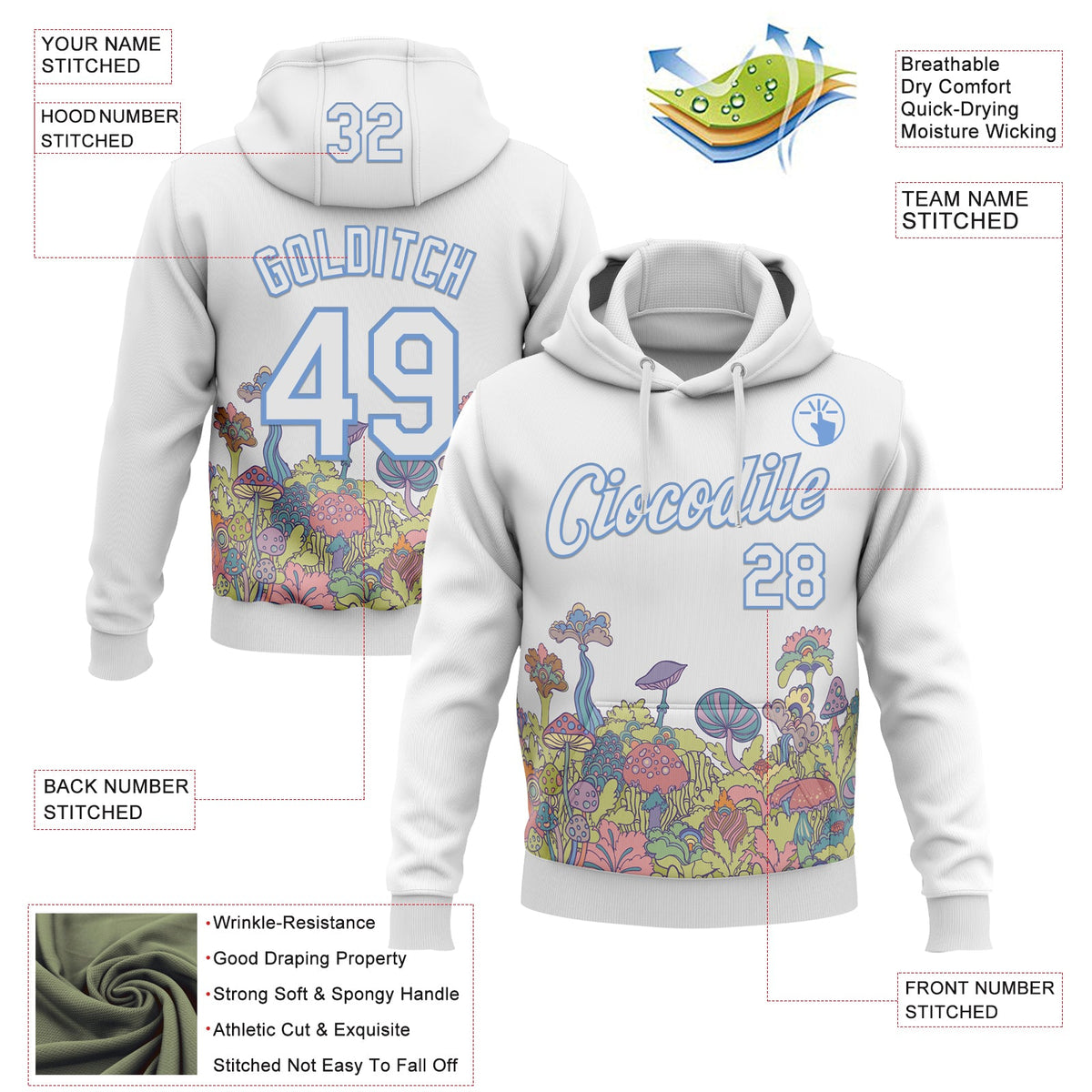 Custom Stitched White-Light Blue Magic Mushrooms Psychedelic Hallucination 3D Pattern Pullover Sweatshirt Hoodie