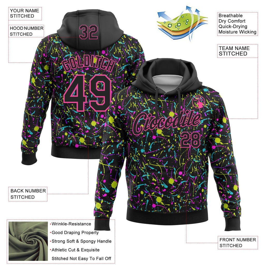 Custom Stitched Graffiti Pattern Black-Pink Neon Splatter Pullover Sweatshirt Hoodie