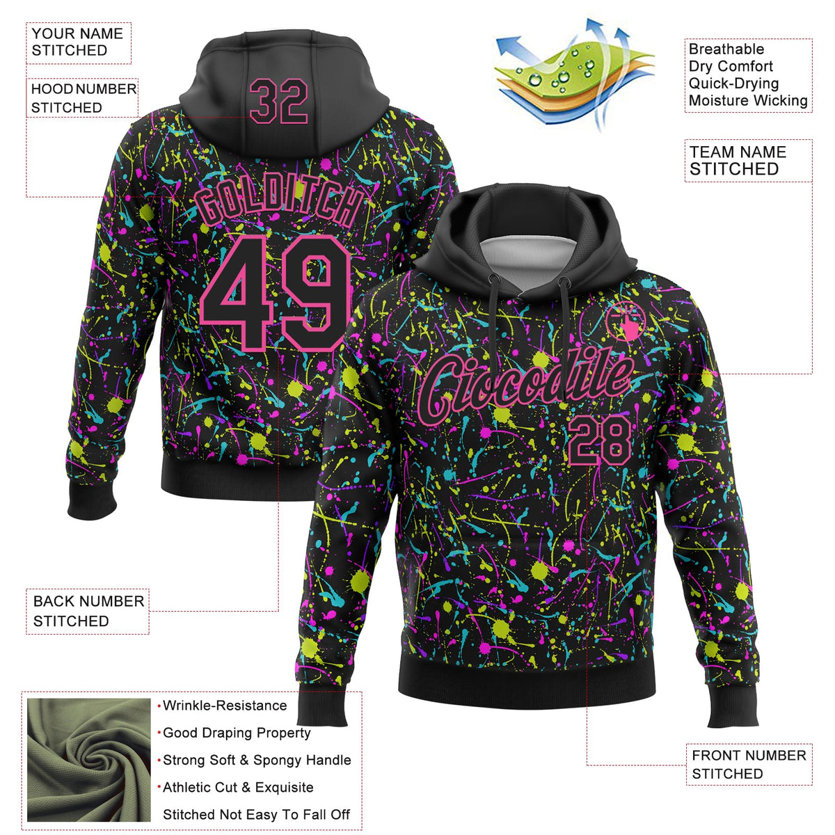Custom Stitched Graffiti Pattern Black-Pink Neon Splatter Pullover Sweatshirt Hoodie
