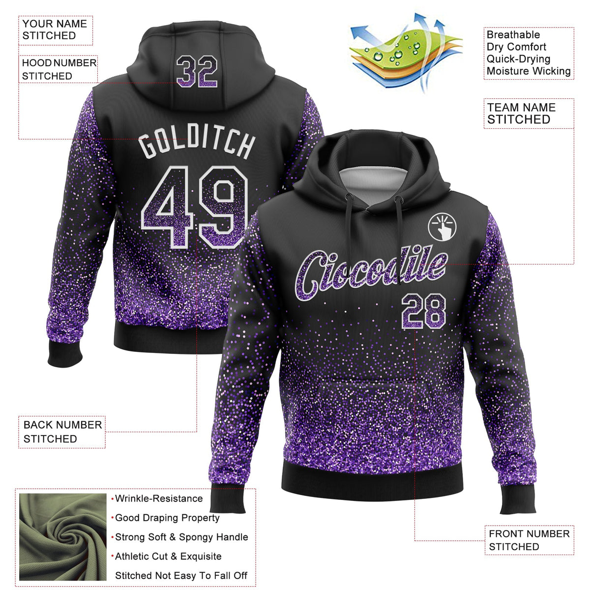 Custom Stitched Black Purple-White Abstract Colorful Glittering Dot 3D Pattern Pullover Sweatshirt Hoodie