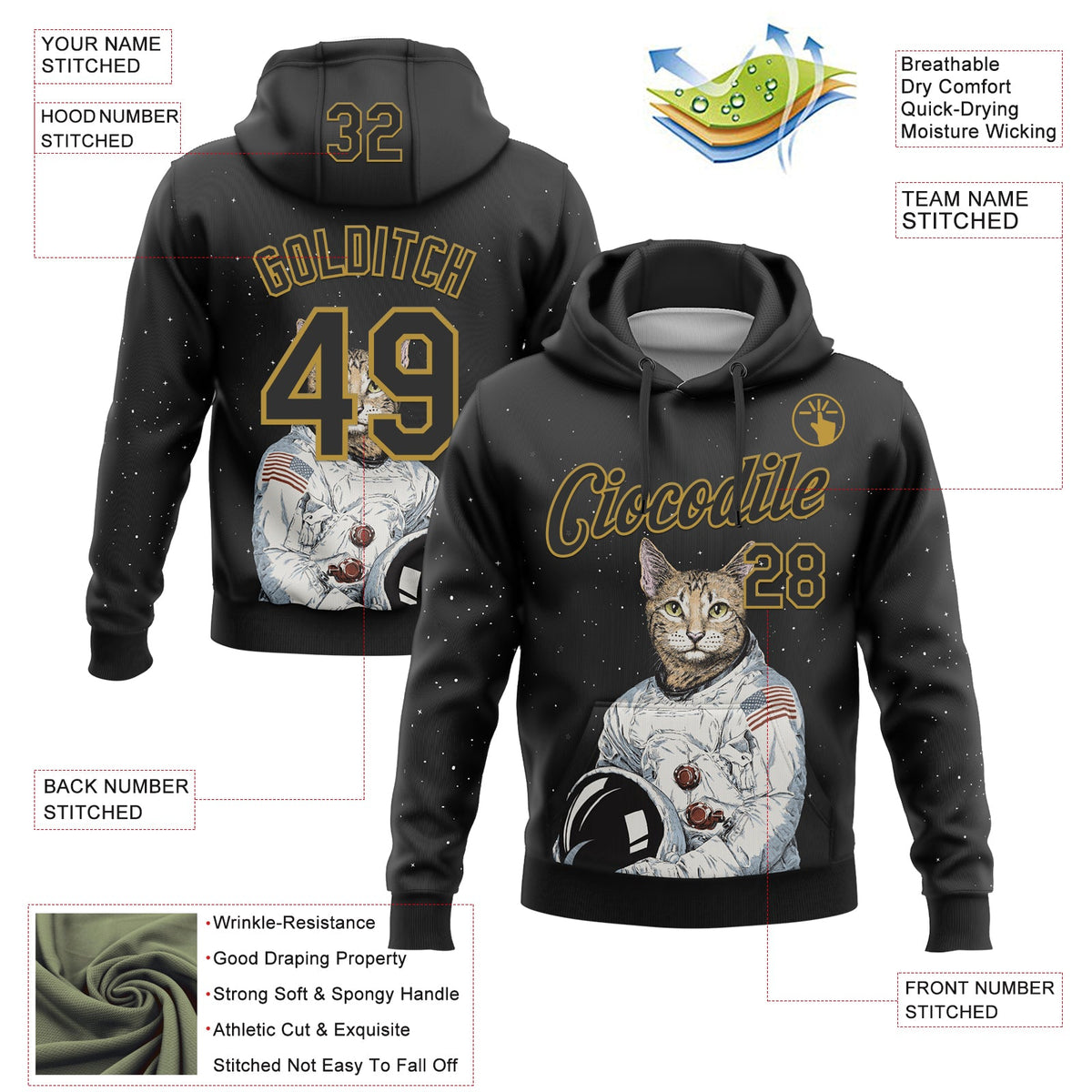 Custom Stitched Black-Old Gold Cat Astronaut Space Galaxy 3D Pattern Pullover Sweatshirt Hoodie