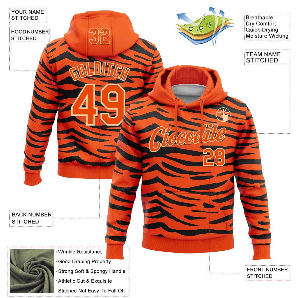 Custom Stitched Orange Black-Cream Tiger Print 3D Pattern Pullover Sweatshirt Hoodie