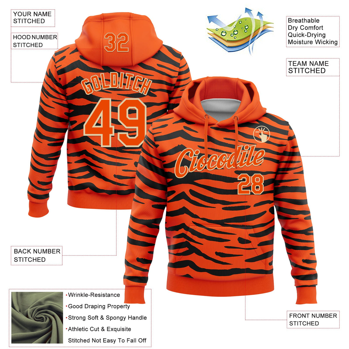 Custom Stitched Orange Black-Cream Tiger Print 3D Pattern Pullover Sweatshirt Hoodie