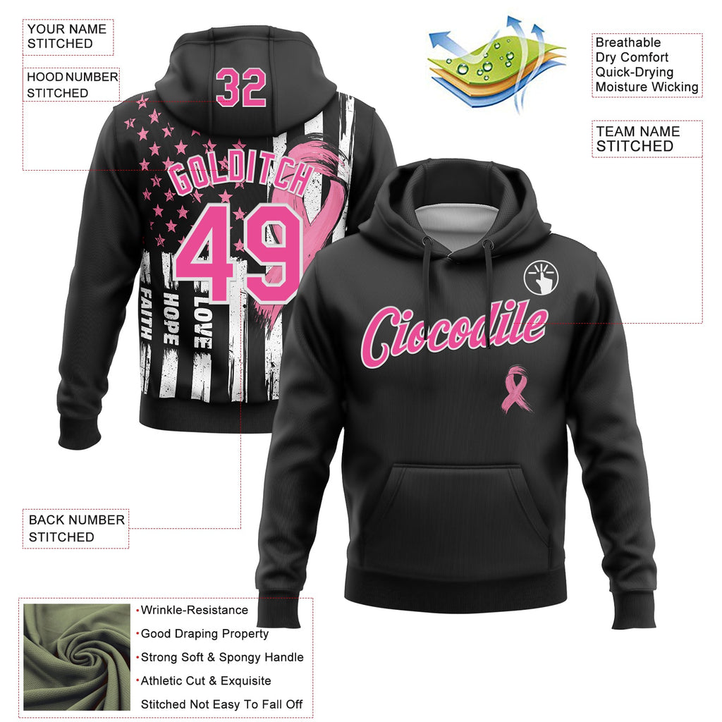 Custom Stitched Black Pink-White American Flag Pink Ribbon Breast Cancer Awareness Pullover Sweatshirt Hoodie