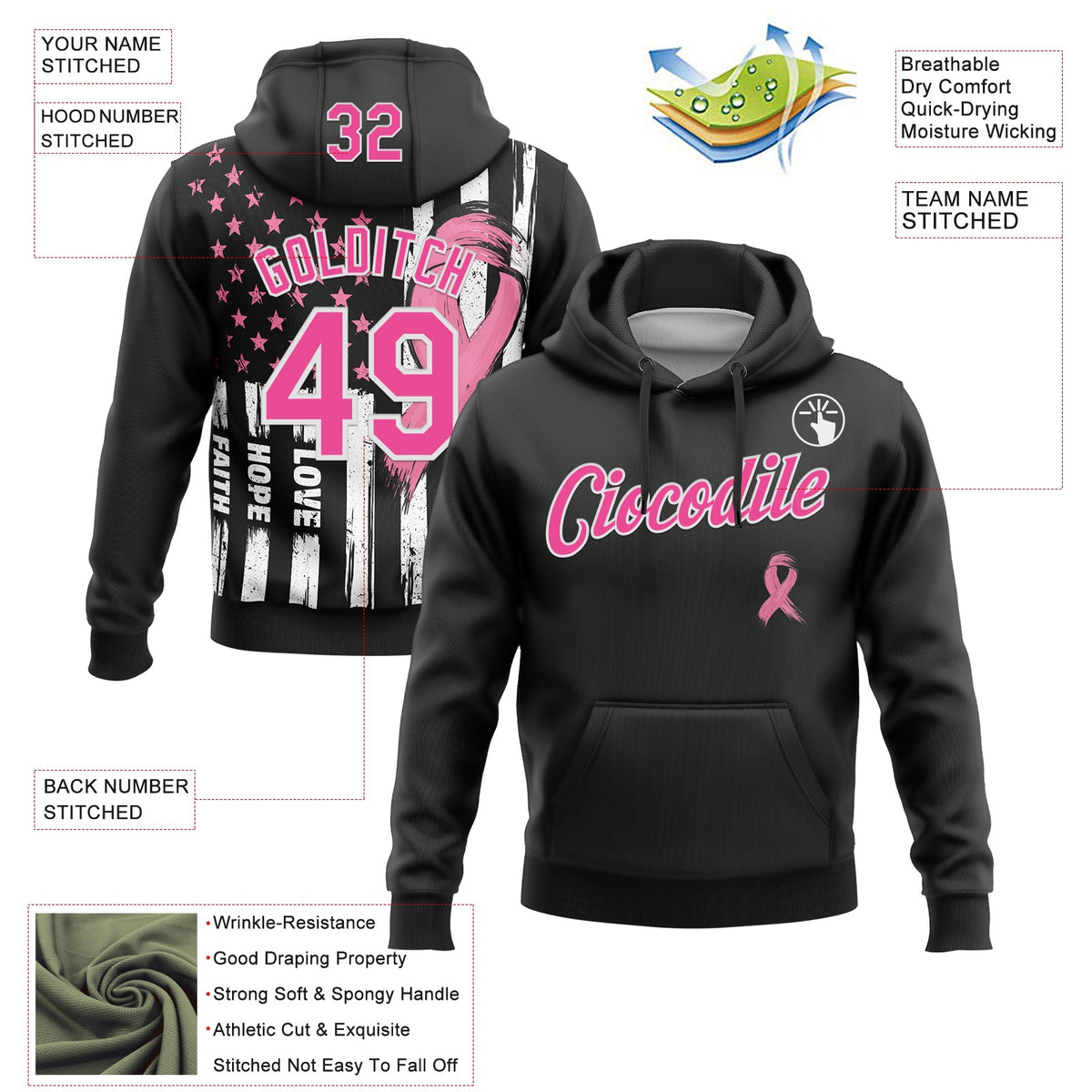 Custom Stitched Black Pink-White American Flag Pink Ribbon Breast Cancer Awareness Pullover Sweatshirt Hoodie