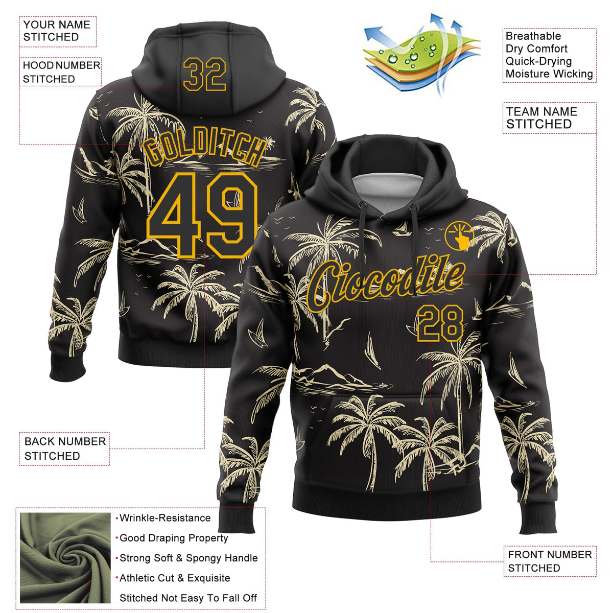 Custom Stitched Black-Gold Hawaii Palm Trees Island And Sailboat Pullover Sweatshirt Hoodie