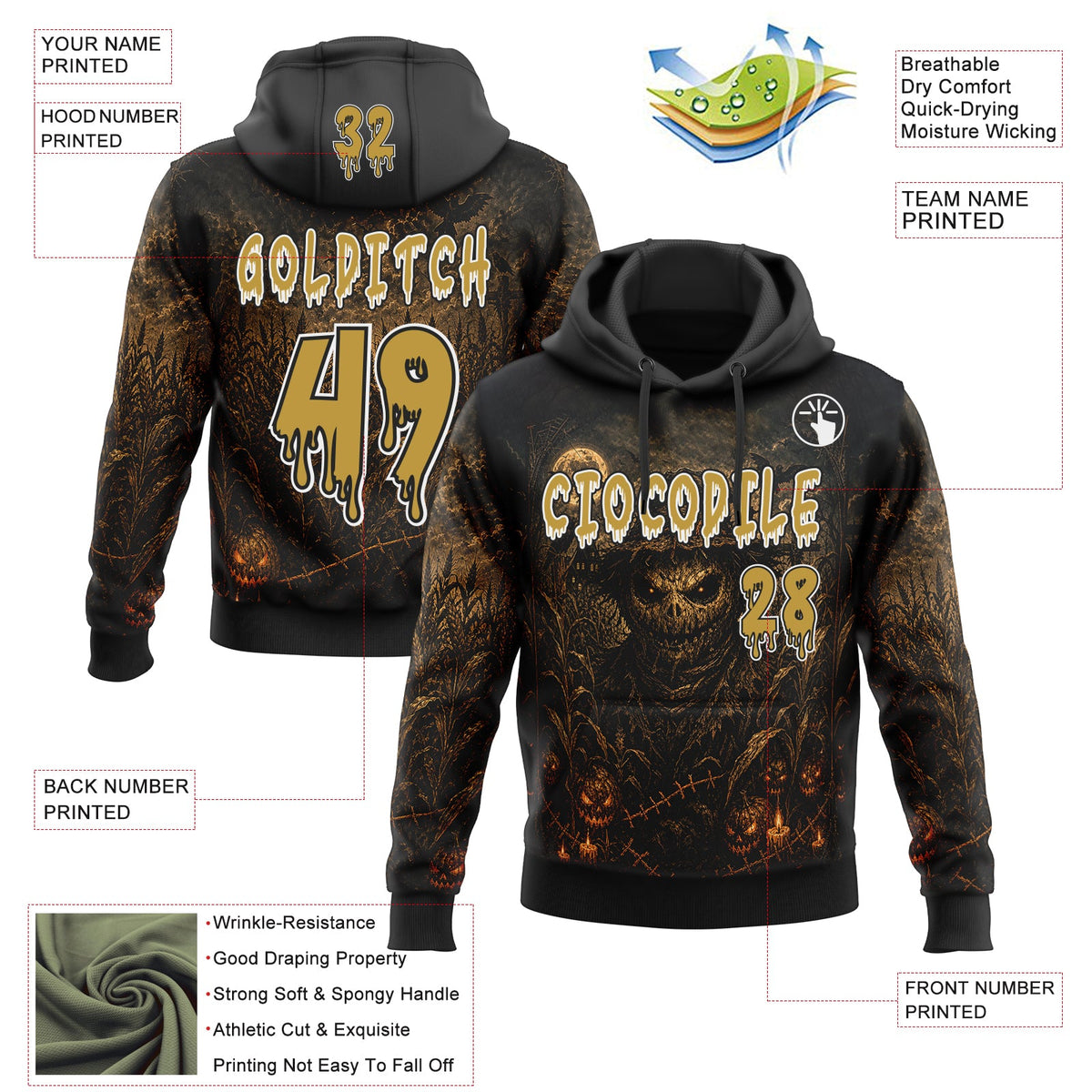 Custom Black Old Gold-White Halloween Scary Scarecrow Pullover Sweatshirt Hoodie