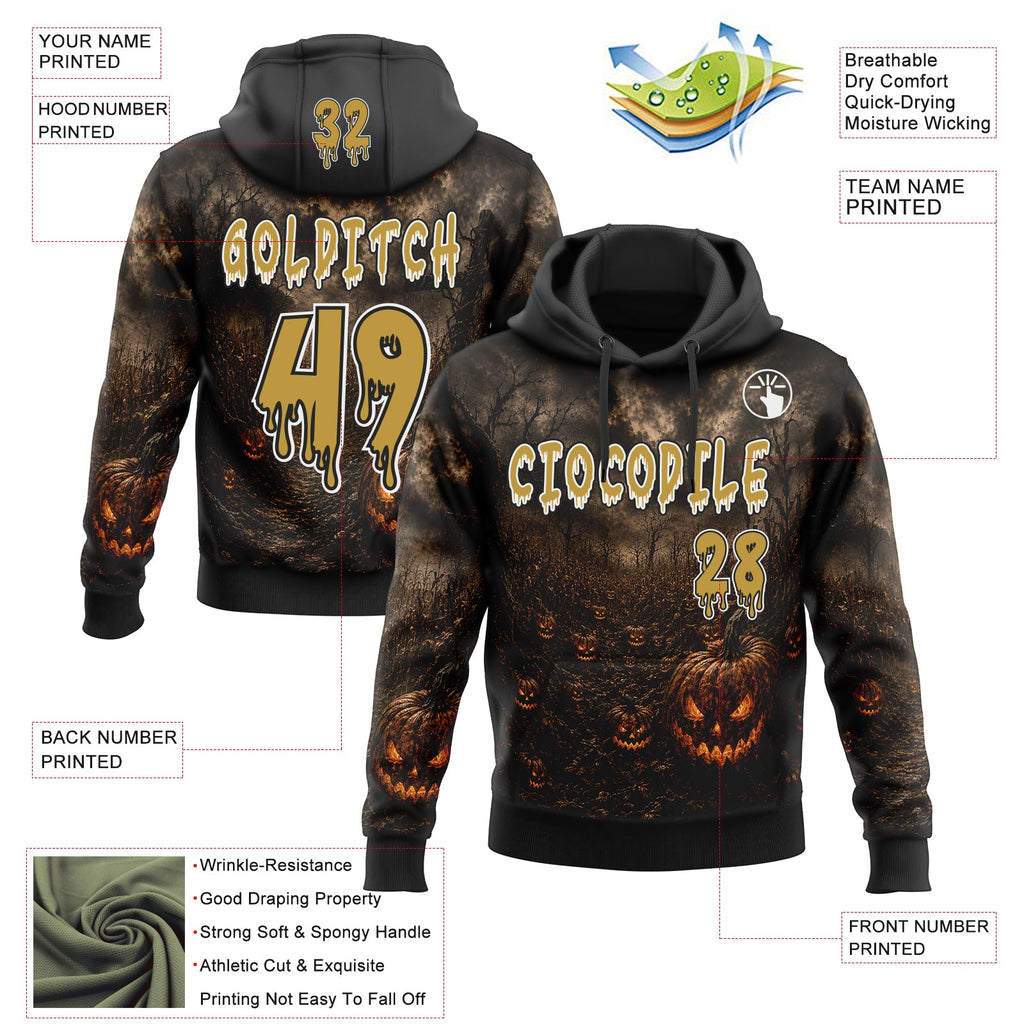 Custom Black Old Gold-White Spooky Halloween Evil Pumpkins Pullover Sweatshirt Hoodie