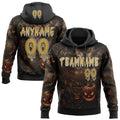 Custom Black Old Gold-White Spooky Halloween Evil Pumpkins Pullover Sweatshirt Hoodie