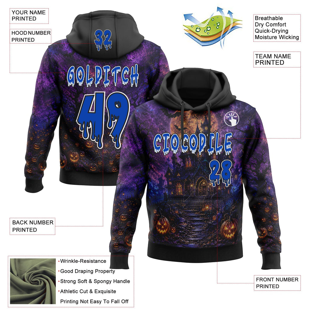 Custom Black Thunder Blue Purple-White Spooky Halloween Haunted House Bats Pullover Sweatshirt Hoodie