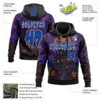 Custom Black Thunder Blue Purple-White Spooky Halloween Haunted House Bats Pullover Sweatshirt Hoodie