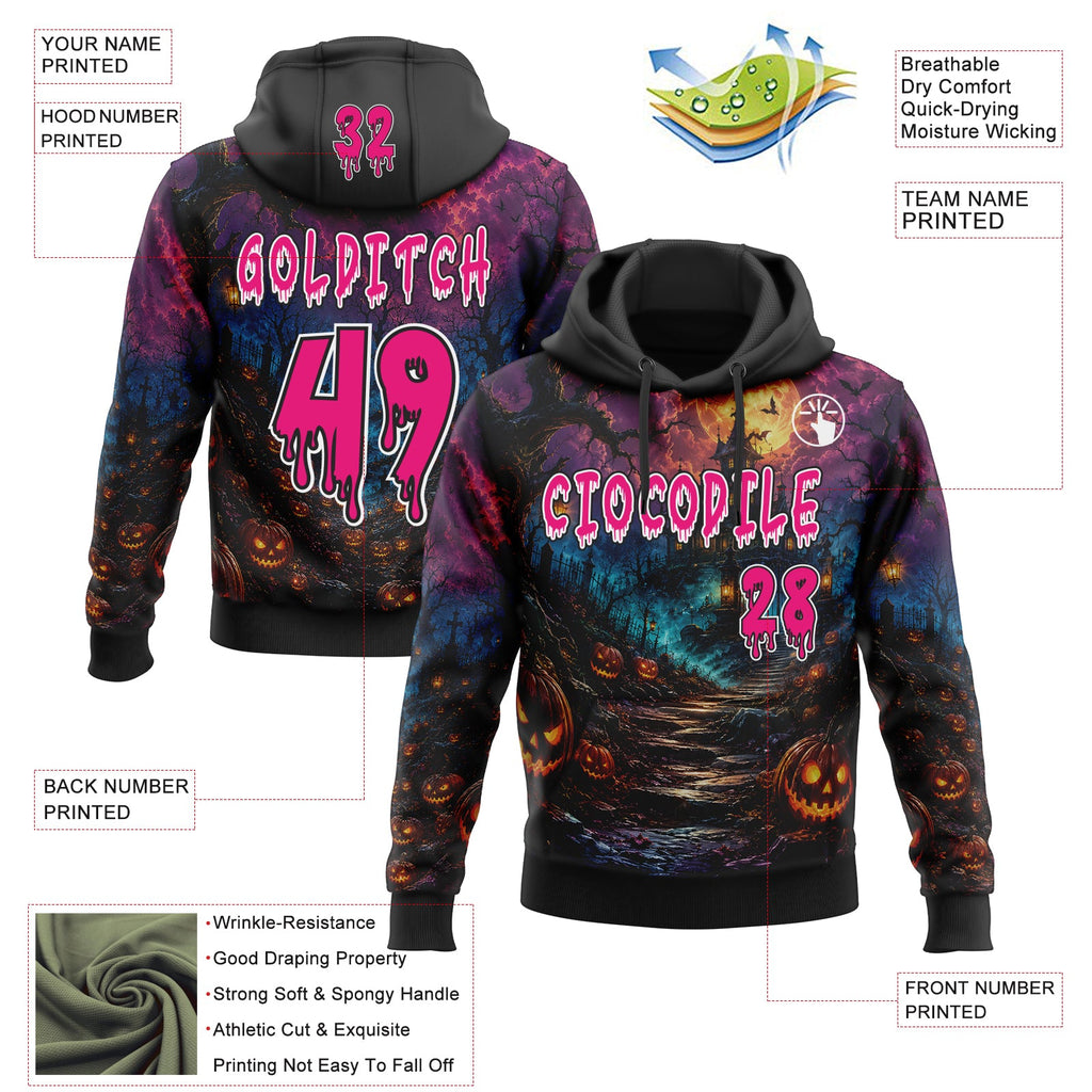 Custom Black Hot Pink-White Spooky Halloween Haunted House Bats Pullover Sweatshirt Hoodie