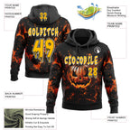 Custom Black Gold Orange-White Halloween Flaming Pumpkin Splatter Pullover Sweatshirt Hoodie