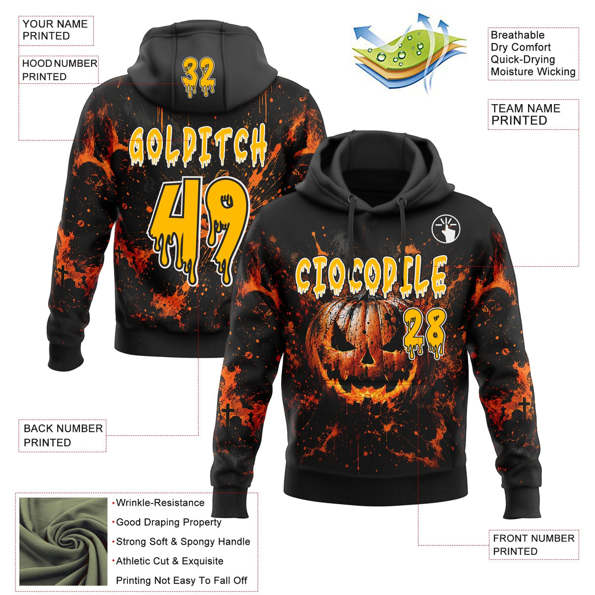 Custom Black Gold Orange-White Halloween Flaming Pumpkin Splatter Pullover Sweatshirt Hoodie