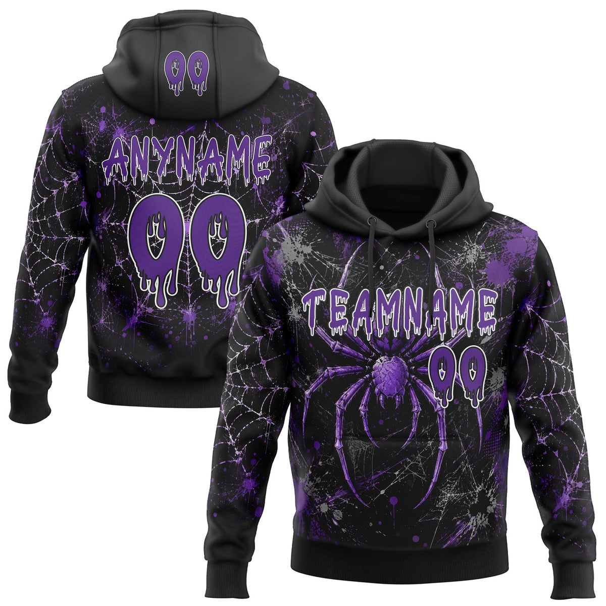 Custom Black Purple-White Halloween Gothic Spiderweb Splatter Pullover Sweatshirt Hoodie