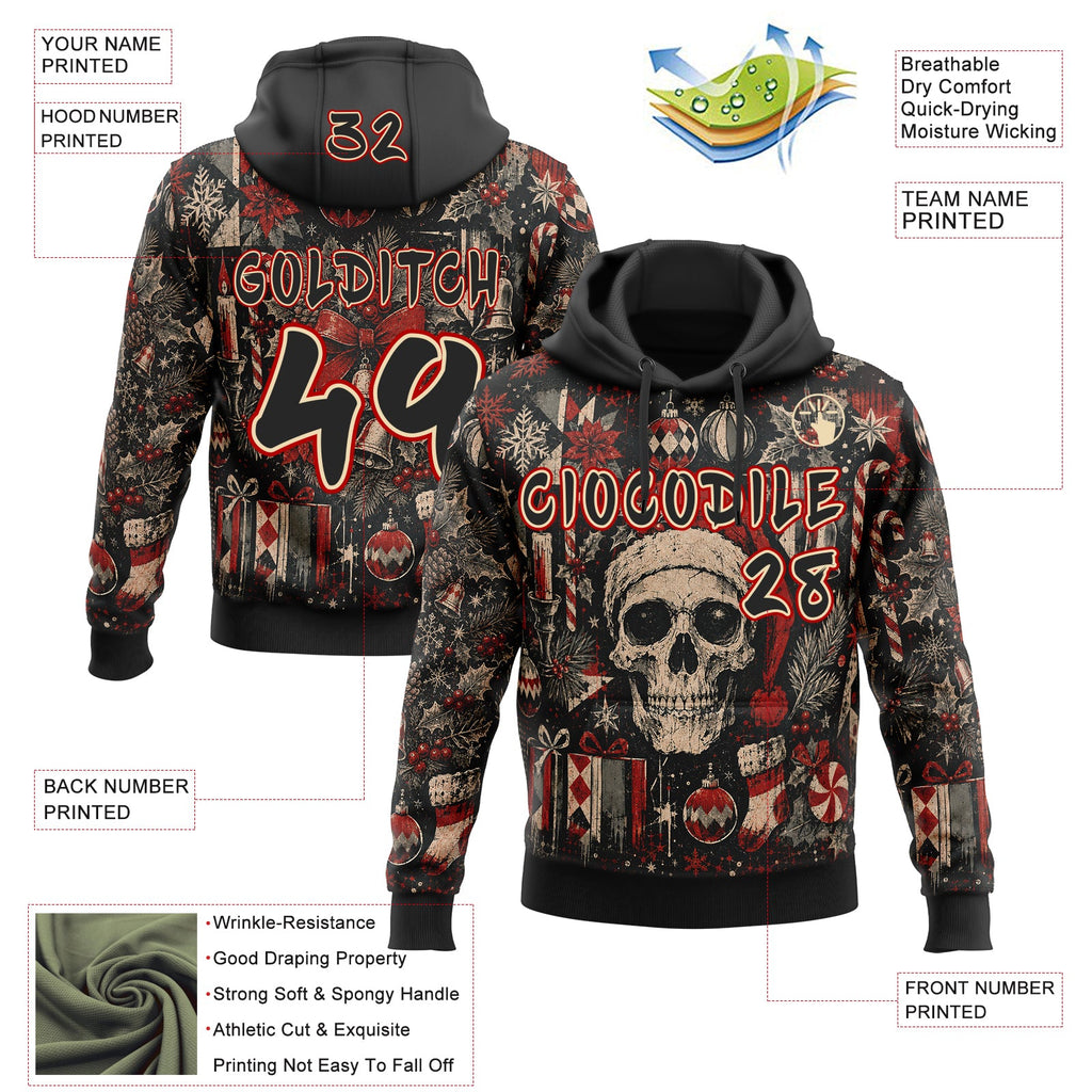Custom  Black Cream-Red Christmas Gothic Santa Hat Skull Pullover Sweatshirt Hoodie