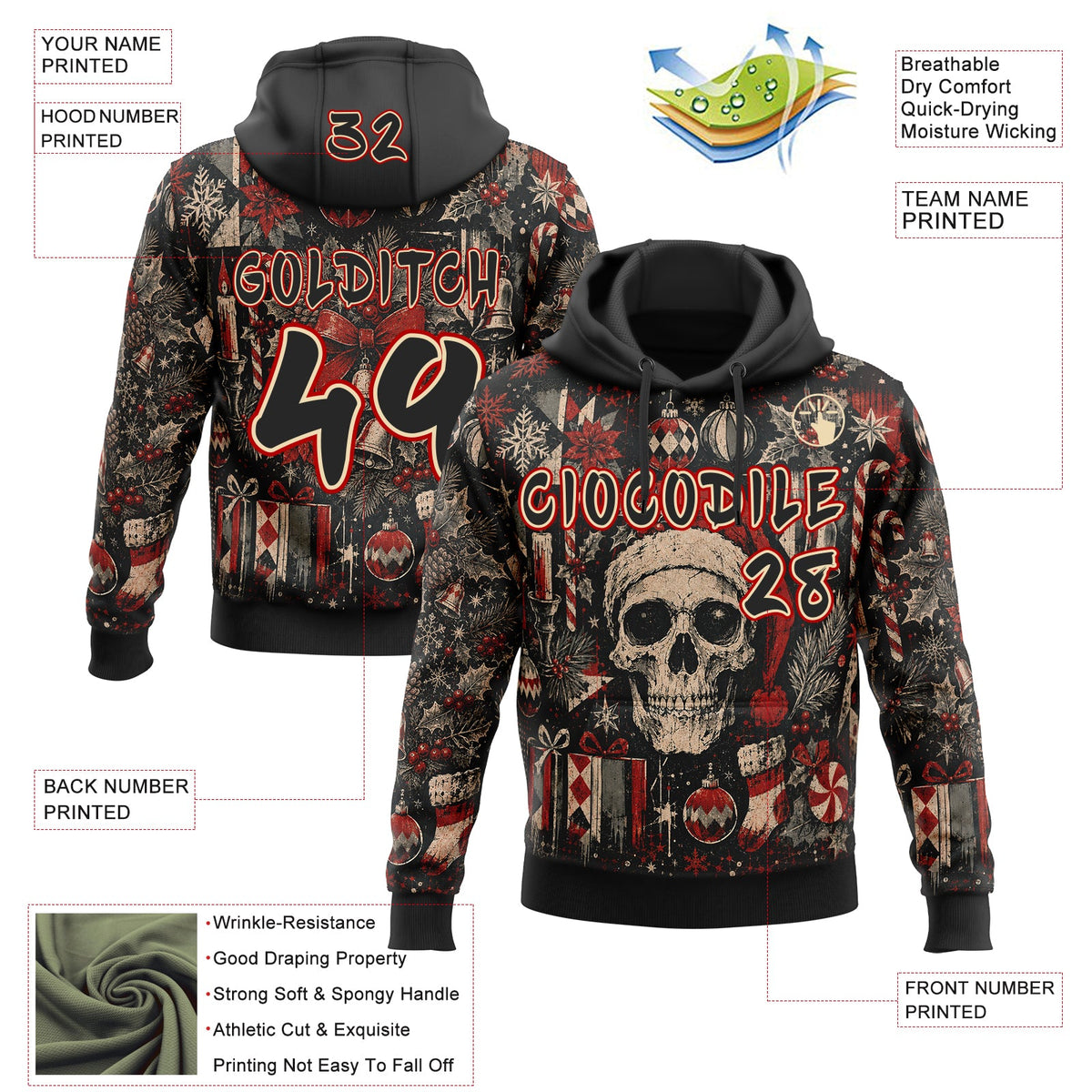 Custom  Black Cream-Red Christmas Gothic Santa Hat Skull Pullover Sweatshirt Hoodie