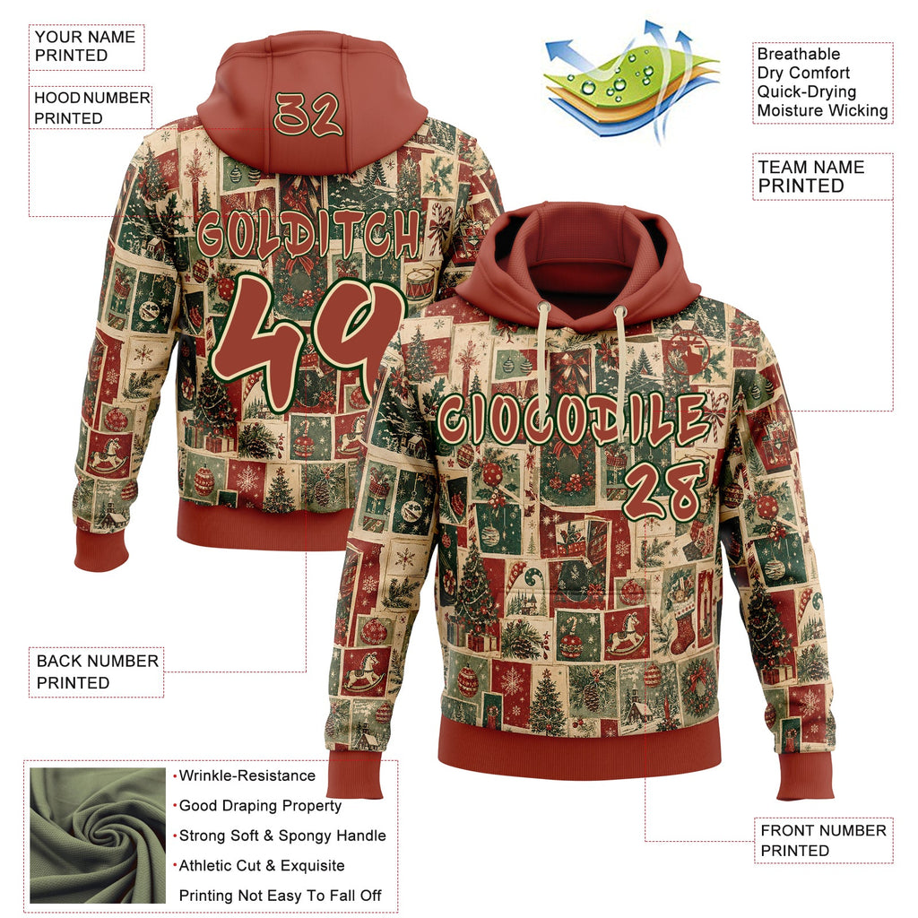 Custom  Cream Red-Green Christmas Vintage Postcard Collage Pullover Sweatshirt Hoodie