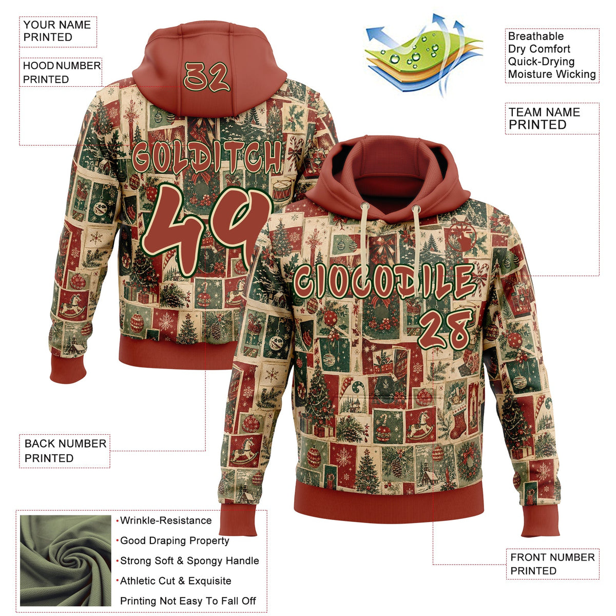 Custom  Cream Red-Green Christmas Vintage Postcard Collage Pullover Sweatshirt Hoodie