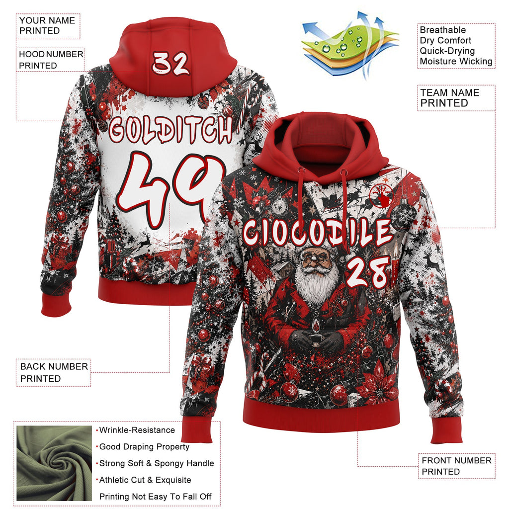Custom  Black White-Red Christmas Santa Claus Pullover Sweatshirt Hoodie