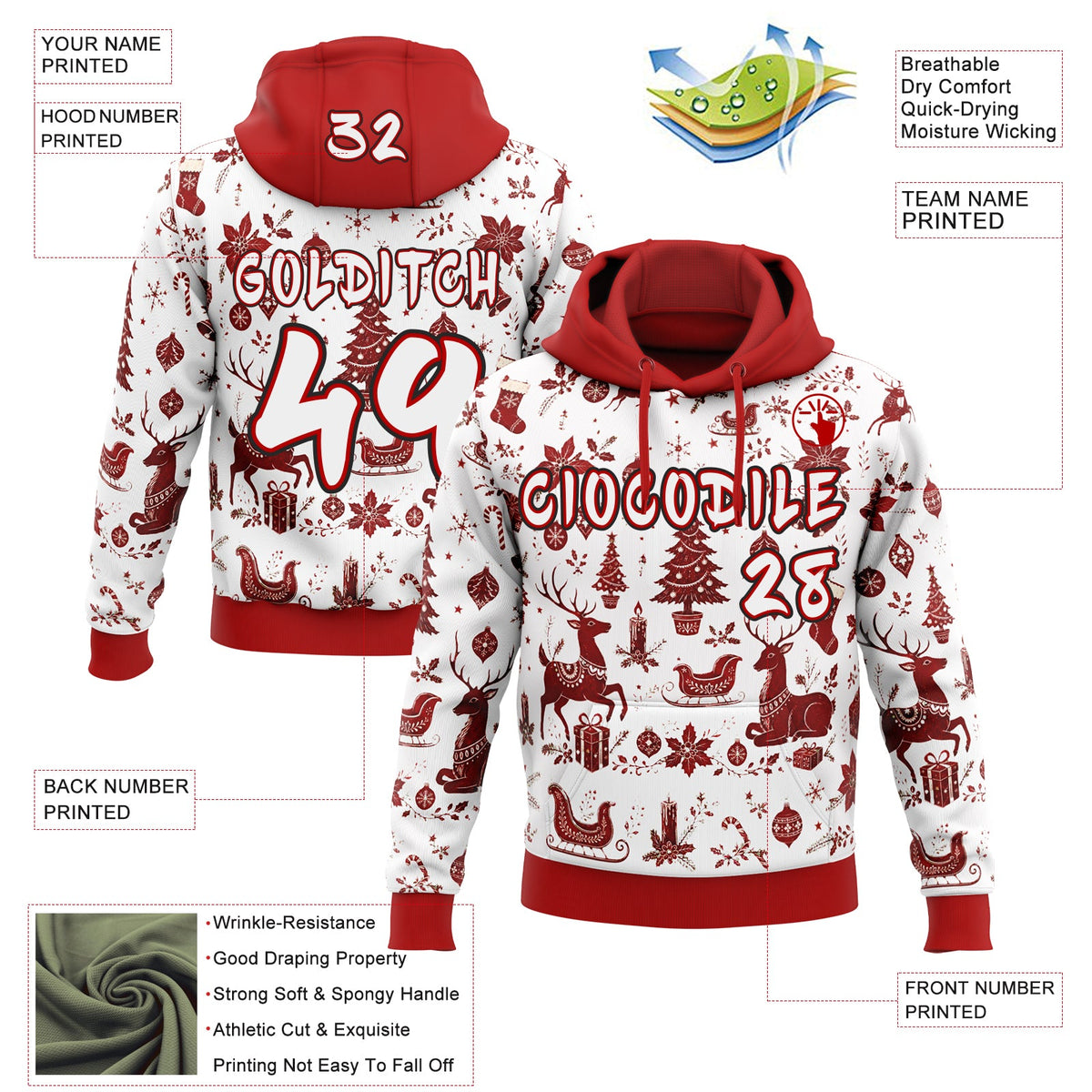 Custom  White Red-Black Christmas Reindeer Pullover Sweatshirt Hoodie