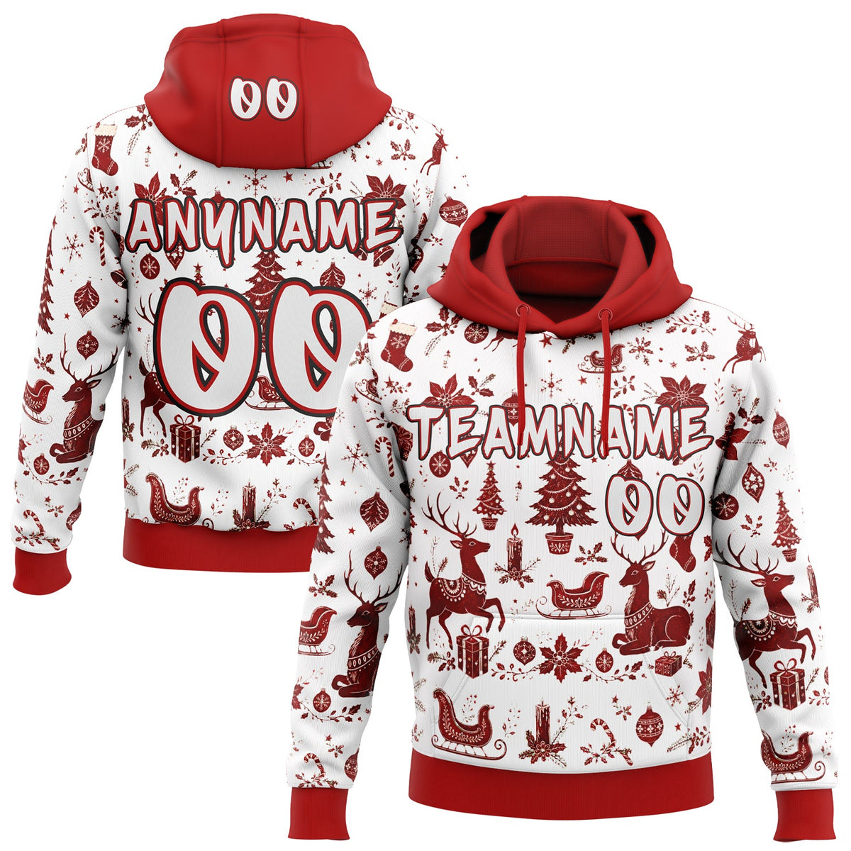 Custom  White Red-Black Christmas Reindeer Pullover Sweatshirt Hoodie