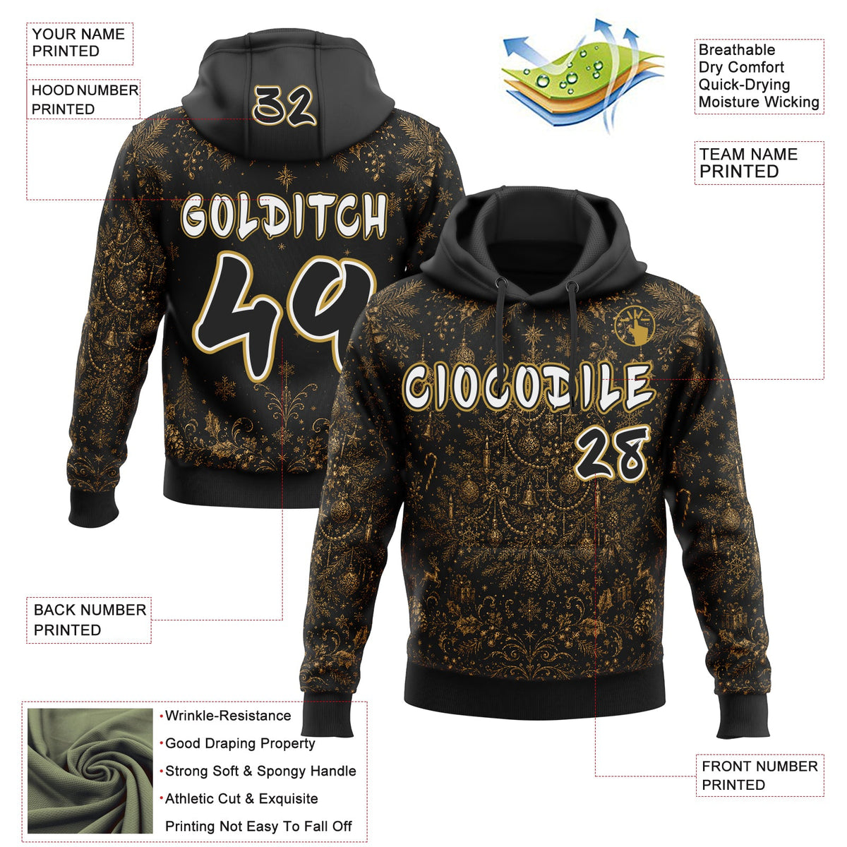 Custom  Black White-Old Gold Christmas Pine Snowflakes Ornaments Pullover Sweatshirt Hoodie