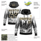 Custom  White Black-Old Gold Christmas Reindeer Pine Forest Pullover Sweatshirt Hoodie