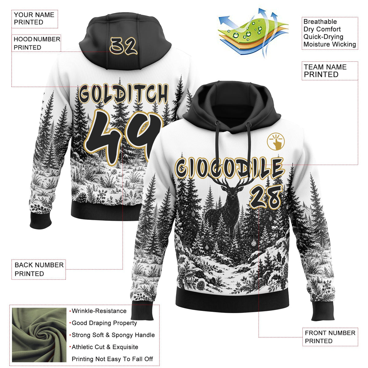 Custom  White Black-Old Gold Christmas Reindeer Pine Forest Pullover Sweatshirt Hoodie