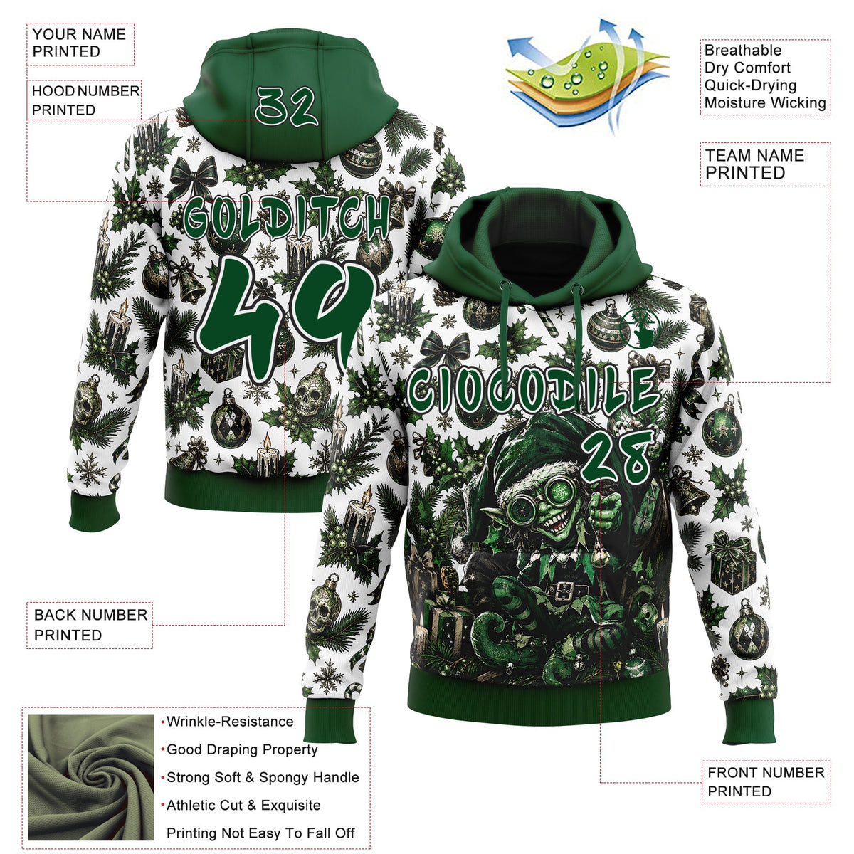 Custom  White Green-Black Christmas Creepy Elf Skulls Candles Pullover Sweatshirt Hoodie