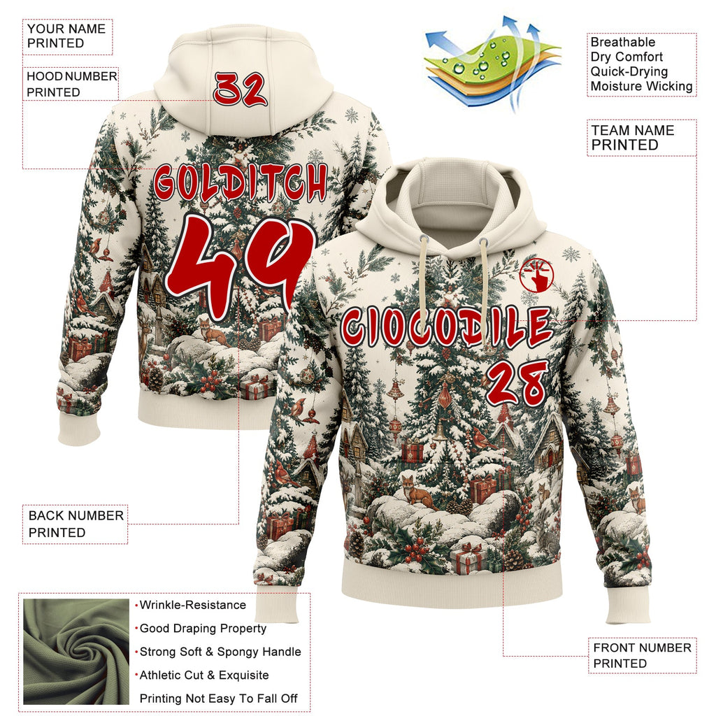Custom  Cream Red Green White-Black Christmas Snowy Village Pullover Sweatshirt Hoodie