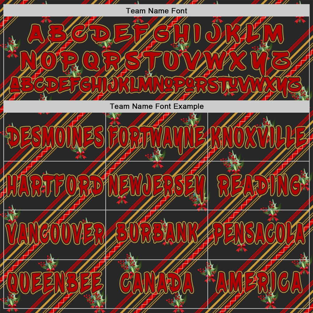 Custom  Black Red-Old Gold Christmas Diagonal Stripe Holly Berries Pullover Sweatshirt Hoodie
