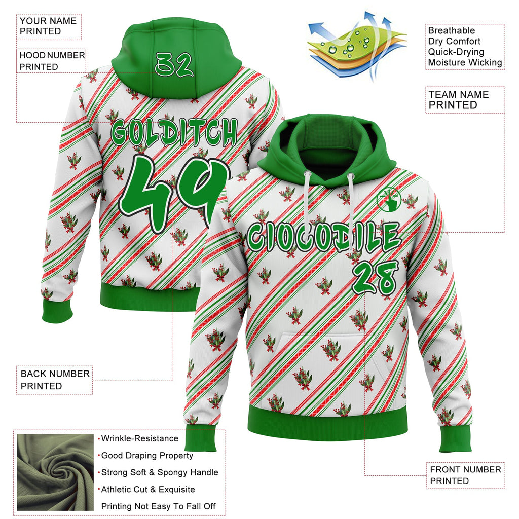 Custom  White Grass Green Red-Black Christmas Diagonal Stripe Holly Berries Pullover Sweatshirt Hoodie
