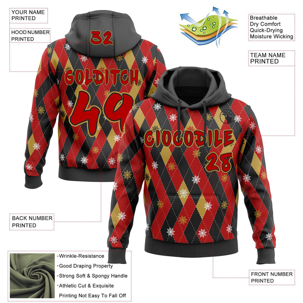 Custom  Black Red-Old Gold Ugly Christmas Sweater Argyle Snowflakes Pullover Sweatshirt Hoodie