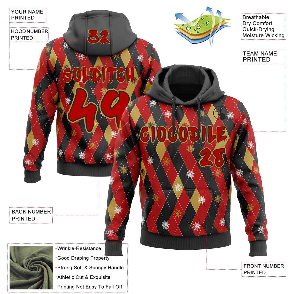 Custom  Black Red-Old Gold Ugly Christmas Sweater Argyle Snowflakes Pullover Sweatshirt Hoodie