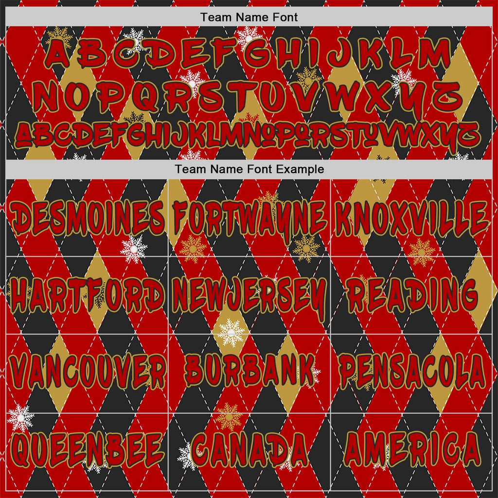 Custom  Black Red-Old Gold Ugly Christmas Sweater Argyle Snowflakes Pullover Sweatshirt Hoodie