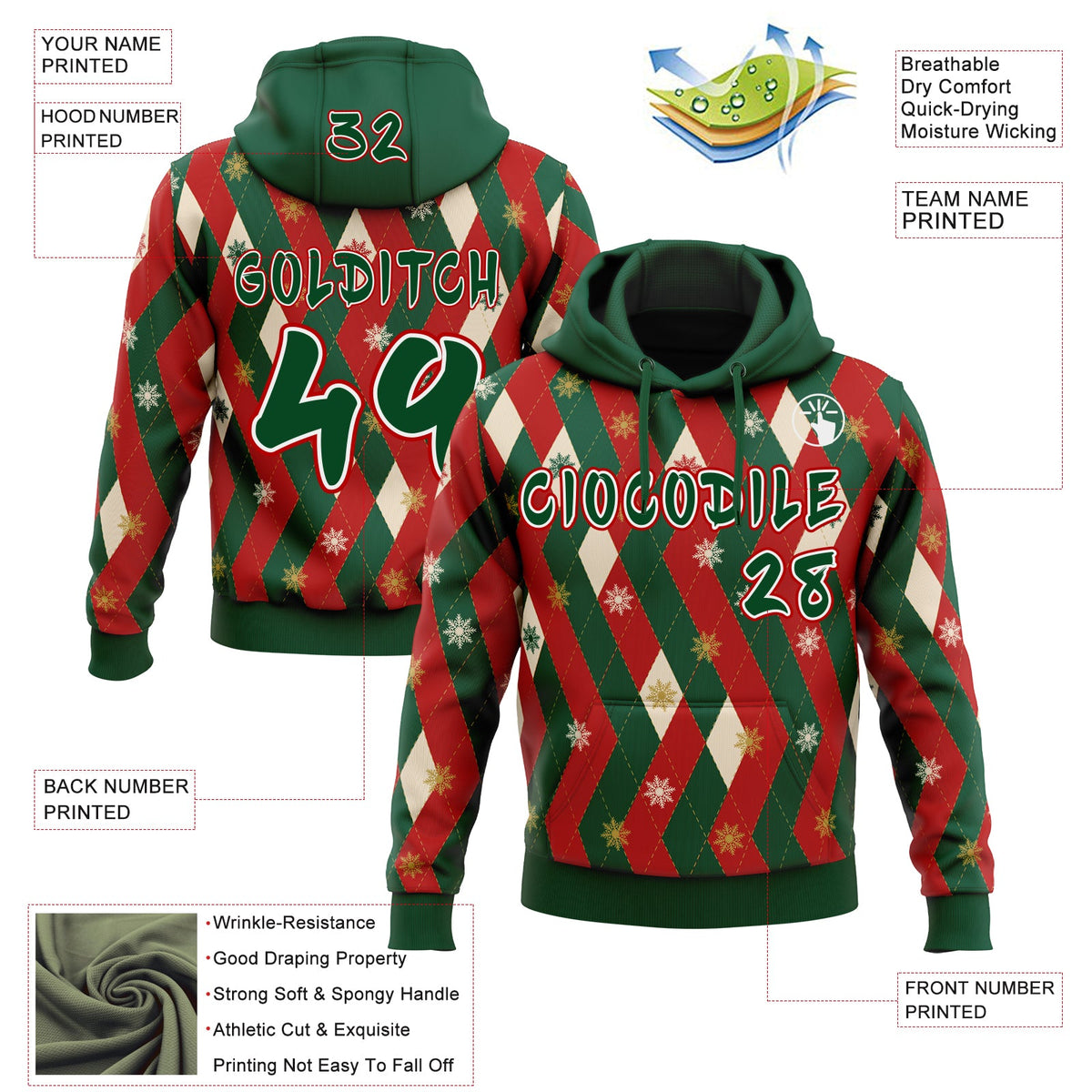Custom  Green Red Old Gold Cream-White Ugly Christmas Sweater Argyle Snowflakes Pullover Sweatshirt Hoodie