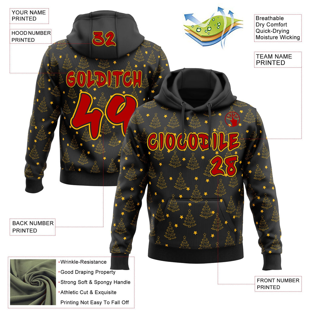 Custom  Black Red-Gold Christmas Tree Stars Pullover Sweatshirt Hoodie