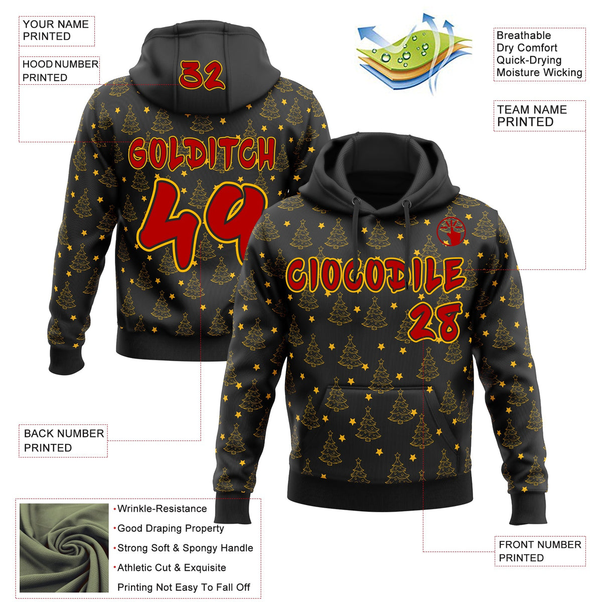 Custom  Black Red-Gold Christmas Tree Stars Pullover Sweatshirt Hoodie