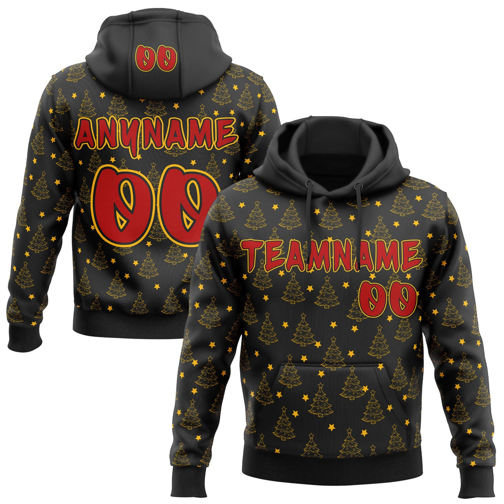 Custom  Black Red-Gold Christmas Tree Stars Pullover Sweatshirt Hoodie