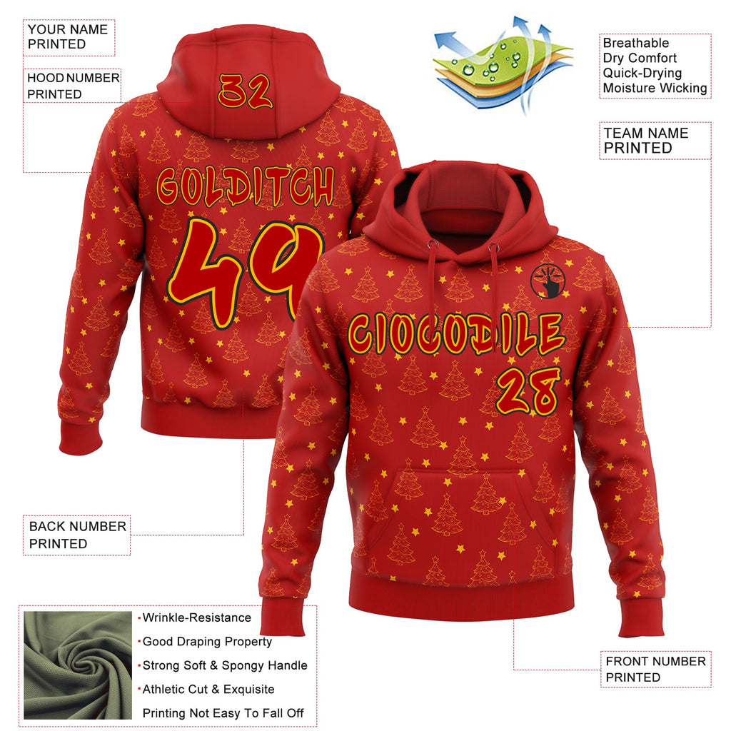 Custom  Red Gold-Black Christmas Tree Stars Pullover Sweatshirt Hoodie