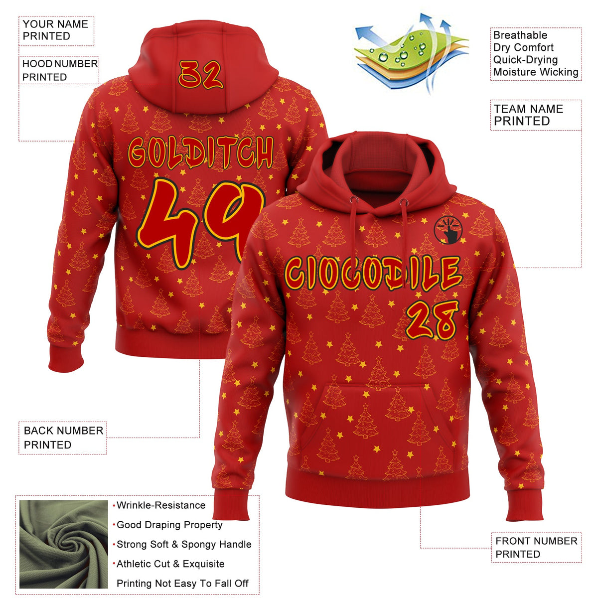 Custom  Red Gold-Black Christmas Tree Stars Pullover Sweatshirt Hoodie