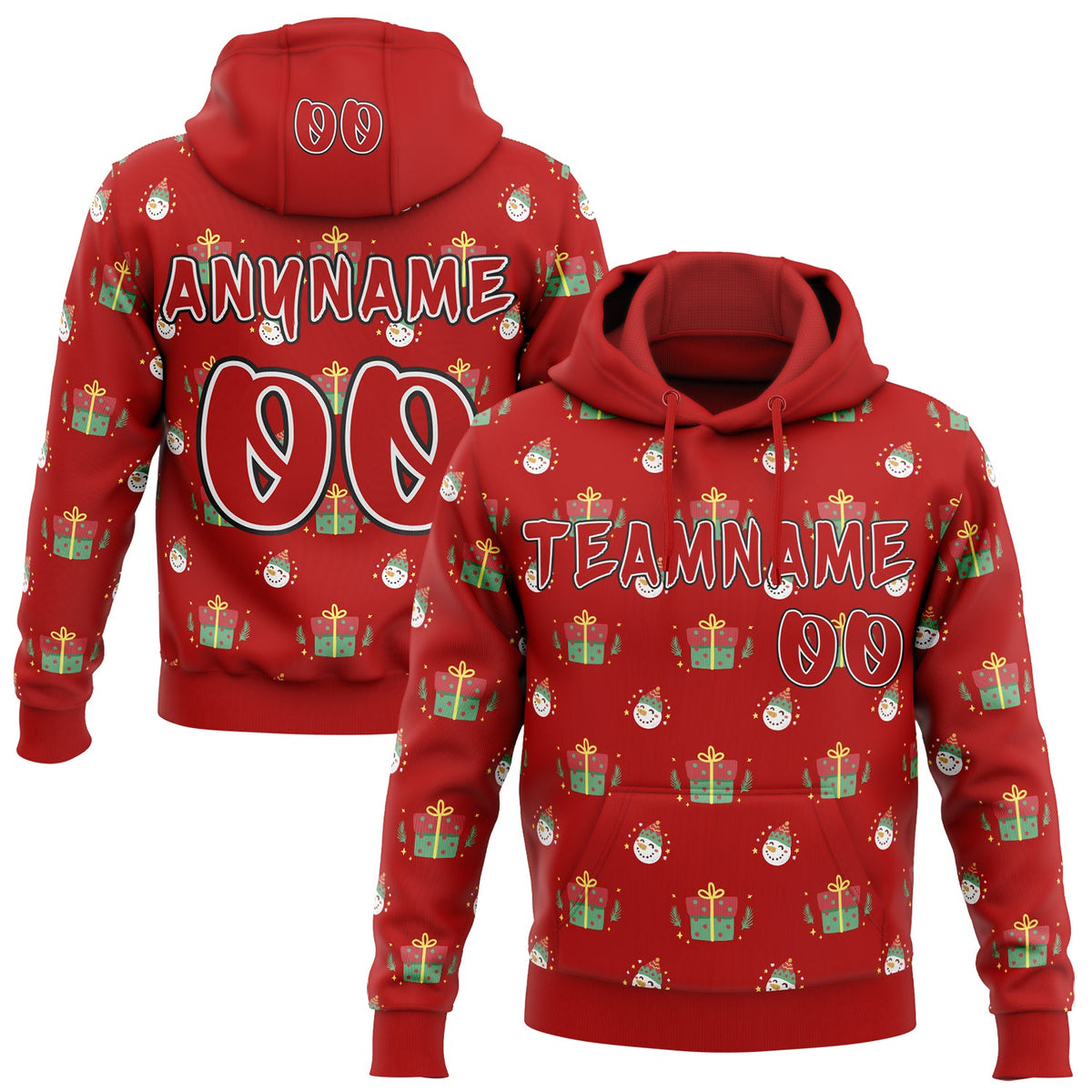 Custom  Red White-Black Christmas Snowman & Gift Pullover Sweatshirt Hoodie