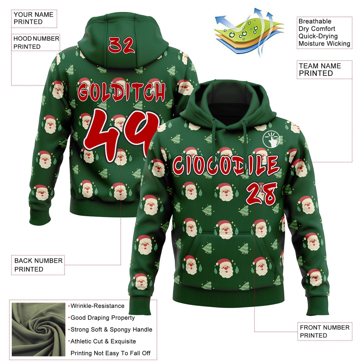 Custom  Green Red White-Black Christmas Santa Claus & Tree Pullover Sweatshirt Hoodie