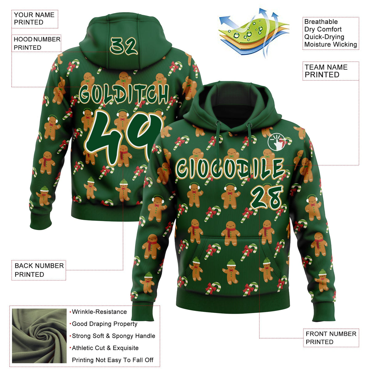 Custom  Green White-Old Gold Christmas Gingerbread & Candy Cane Pullover Sweatshirt Hoodie