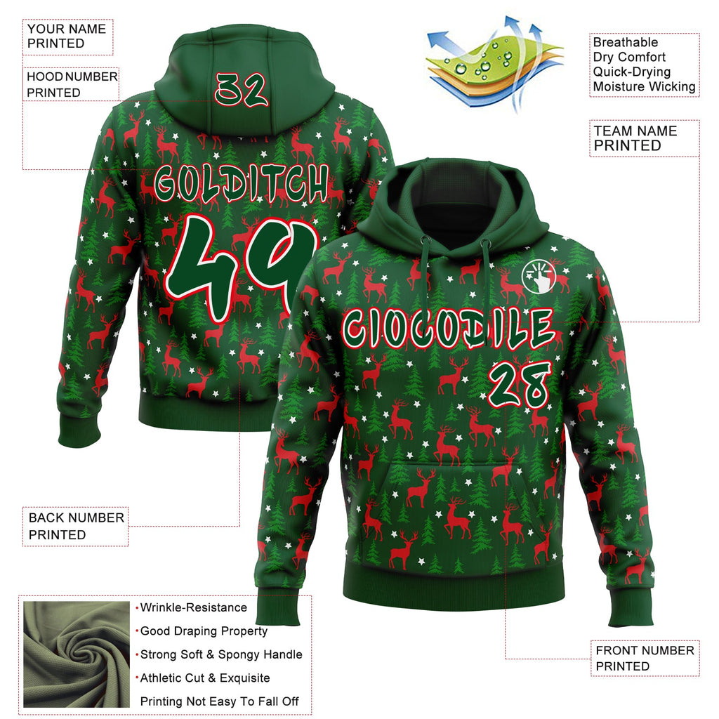 Custom  Green White-Fire Red Christmas Reindeer & Pine Forest Pullover Sweatshirt Hoodie